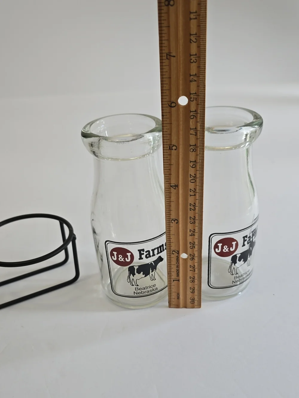 Vintage J&J Farms Set Of 2 Milk Glass Bottle Set With Metal Caddy Beatrice NE